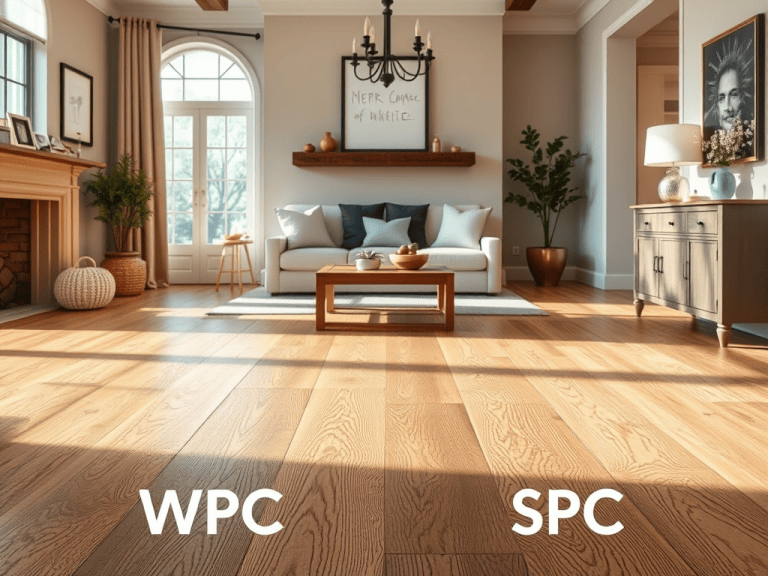 Living room with wide-plank flooring comparing WPC and SPC luxury vinyl plank