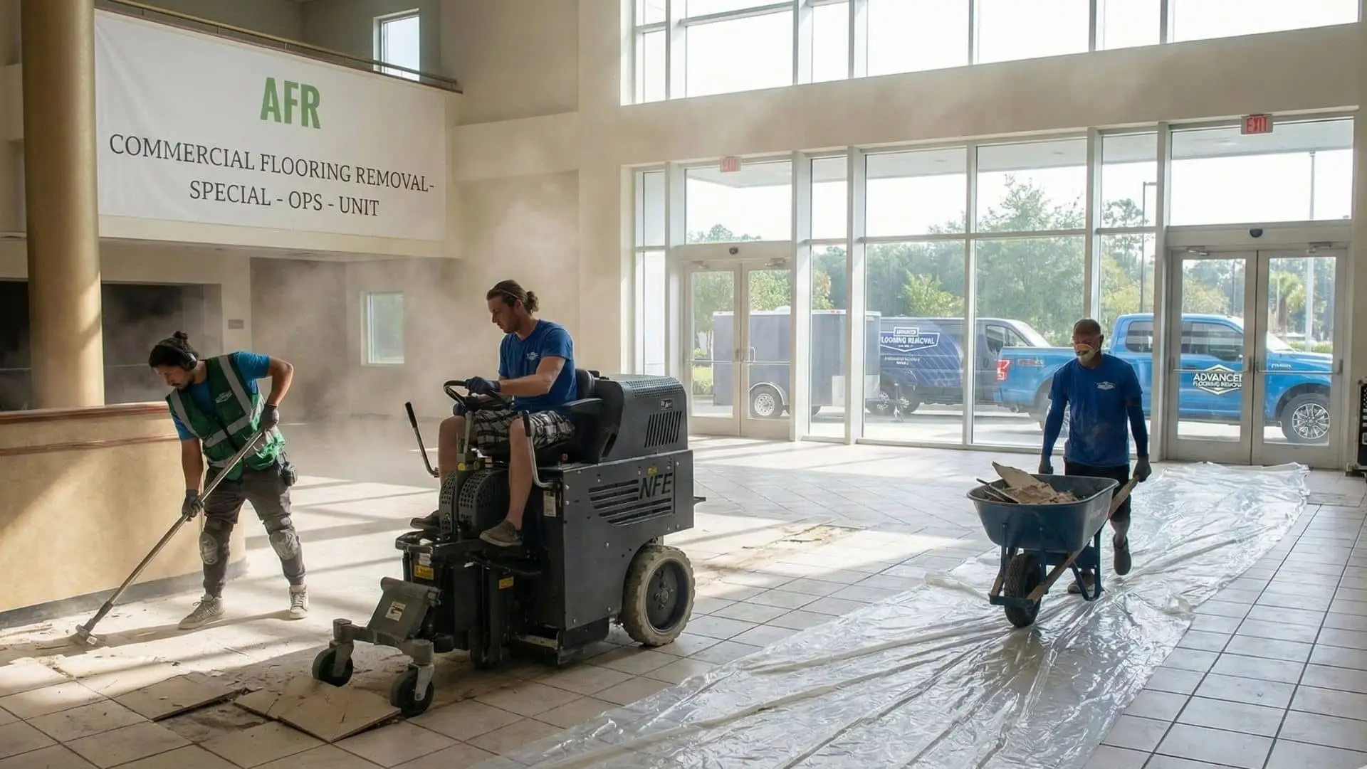 Advanced Flooring Removal team working on professional Commercial flooring removal project in Jacksonville Florida