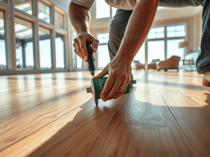 Hands applying wood filler to a crack on a wooden floor with a filler tube