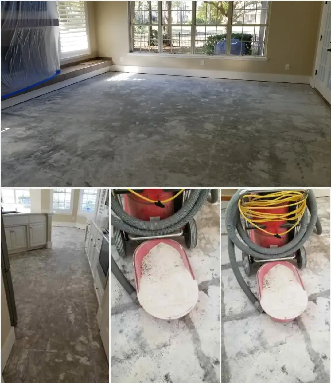 After tile thinset removal — dust contained clean slab